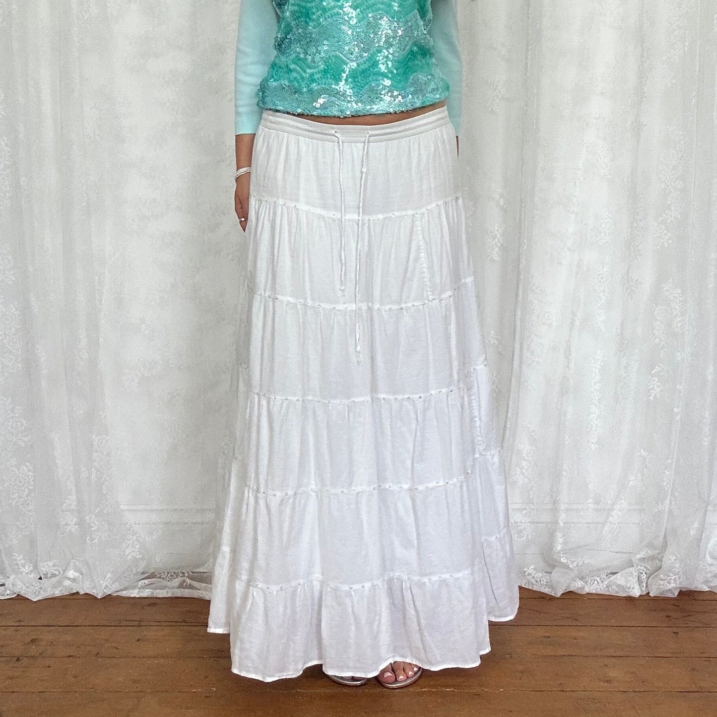 vintage 00s white tiered maxi skirt with sequin detail