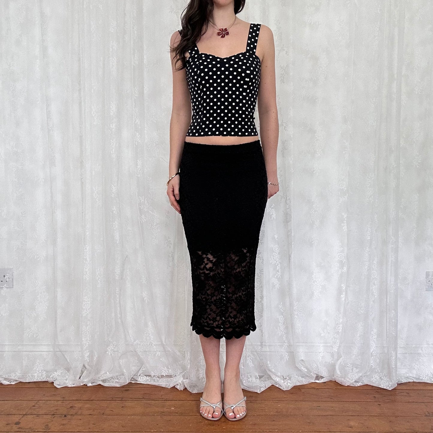vintage 00s black lace midi skirt