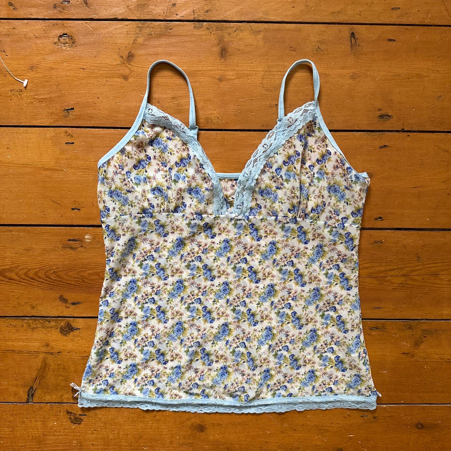 vintage 00s blue floral mesh cami