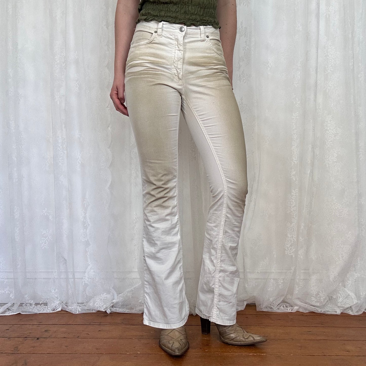 vintage 00s white washed-effect flared trousers