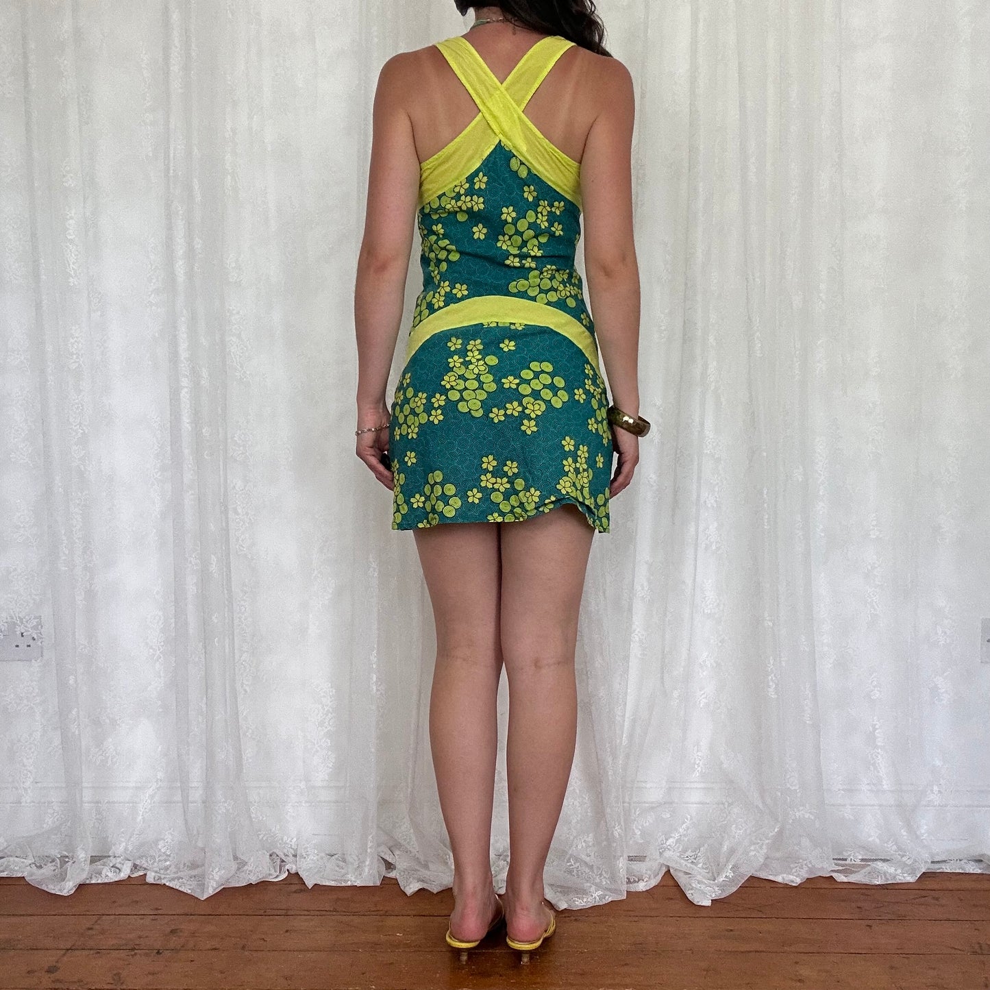 vintage 00s blue and green floral mini dress