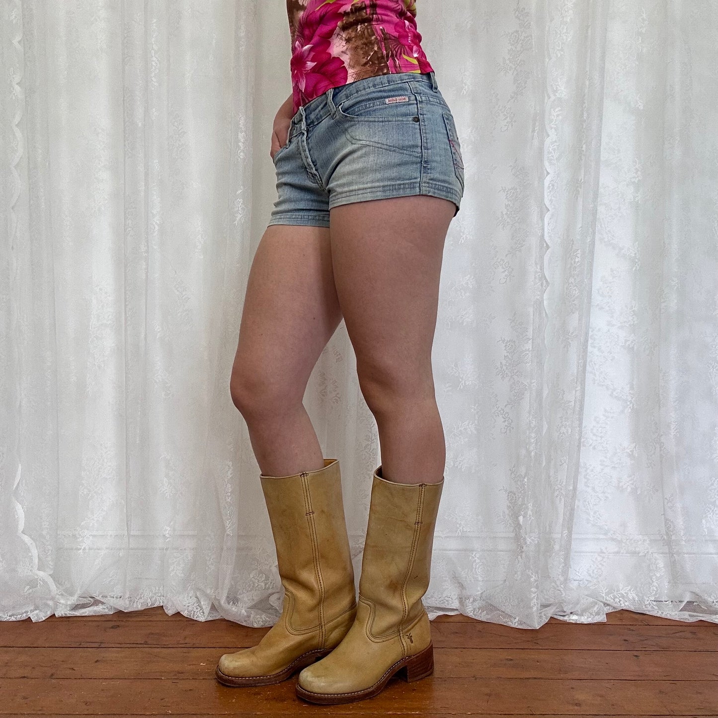 vintage 00s denim micro mini shorts with pink back pocket embroidery