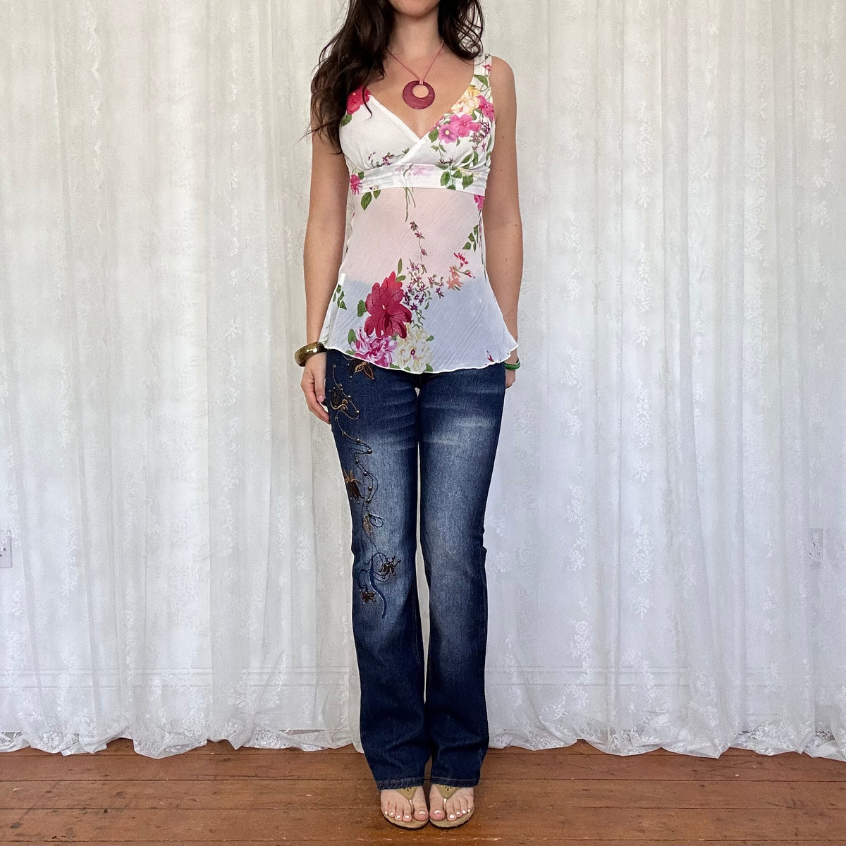 vintage 00s dark wash straight leg jeans with studs and embroidery