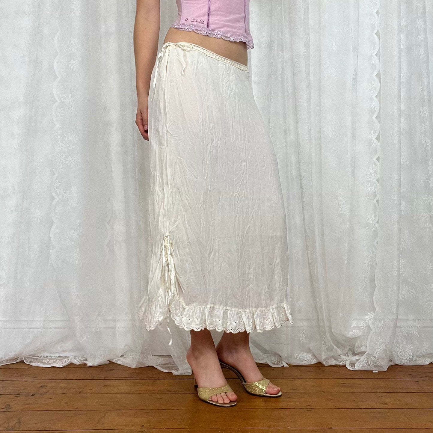 vintage 00s cream tie up maxi skirt with broderie trim
