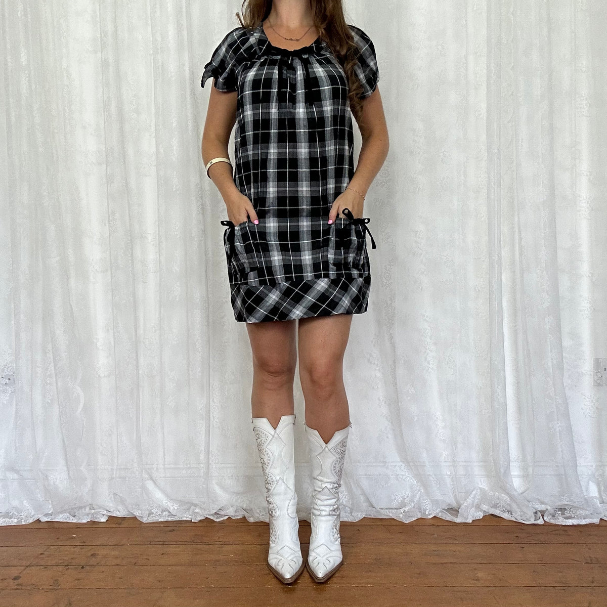 vintage 00s black checkered mini shift dress