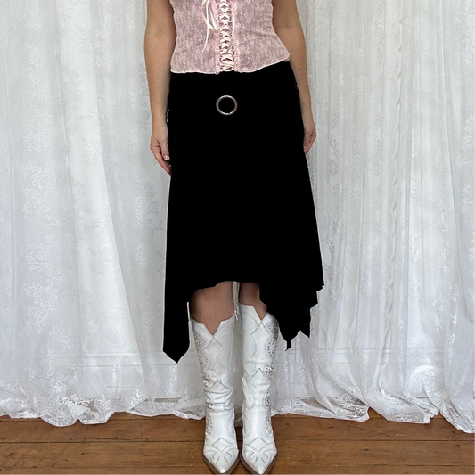 vintage 00s black asymmetrical o ring midi skirt