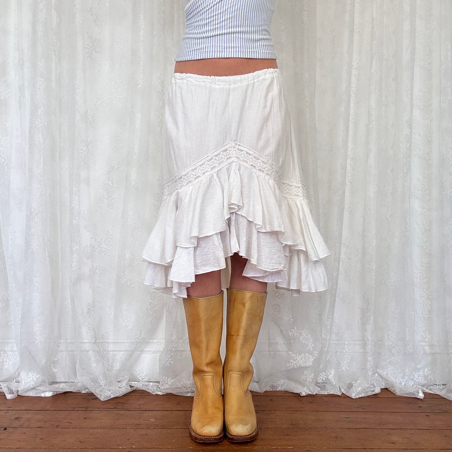 vintage 00s white ruffle hem asymmetrical midi skirt