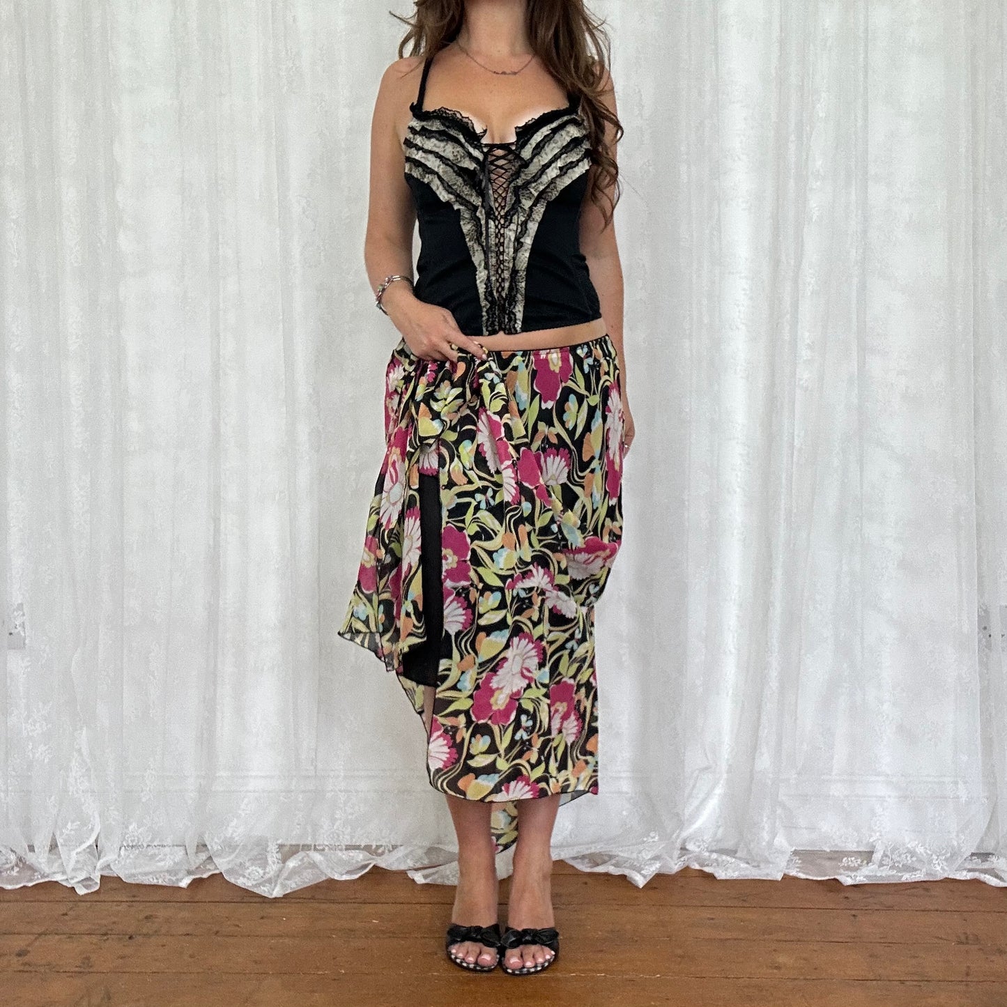 vintage 00s pink and black floral midi maxi skirt