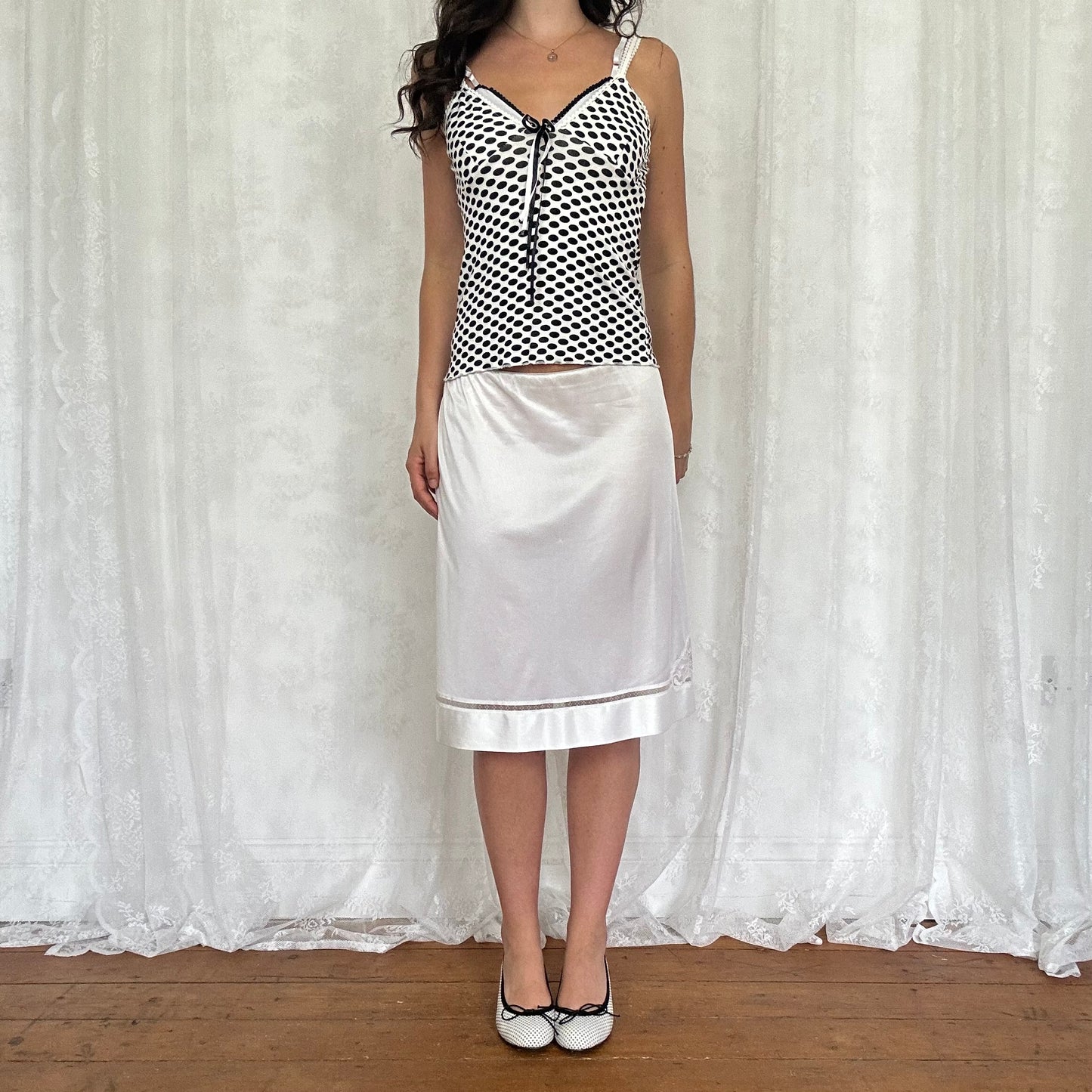 vintage 00s black and white polka dot cami