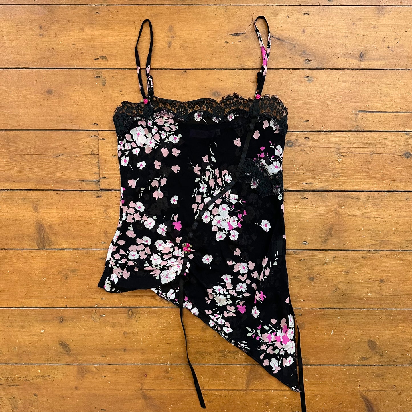 vintage 00s black floral asymmetrical cami