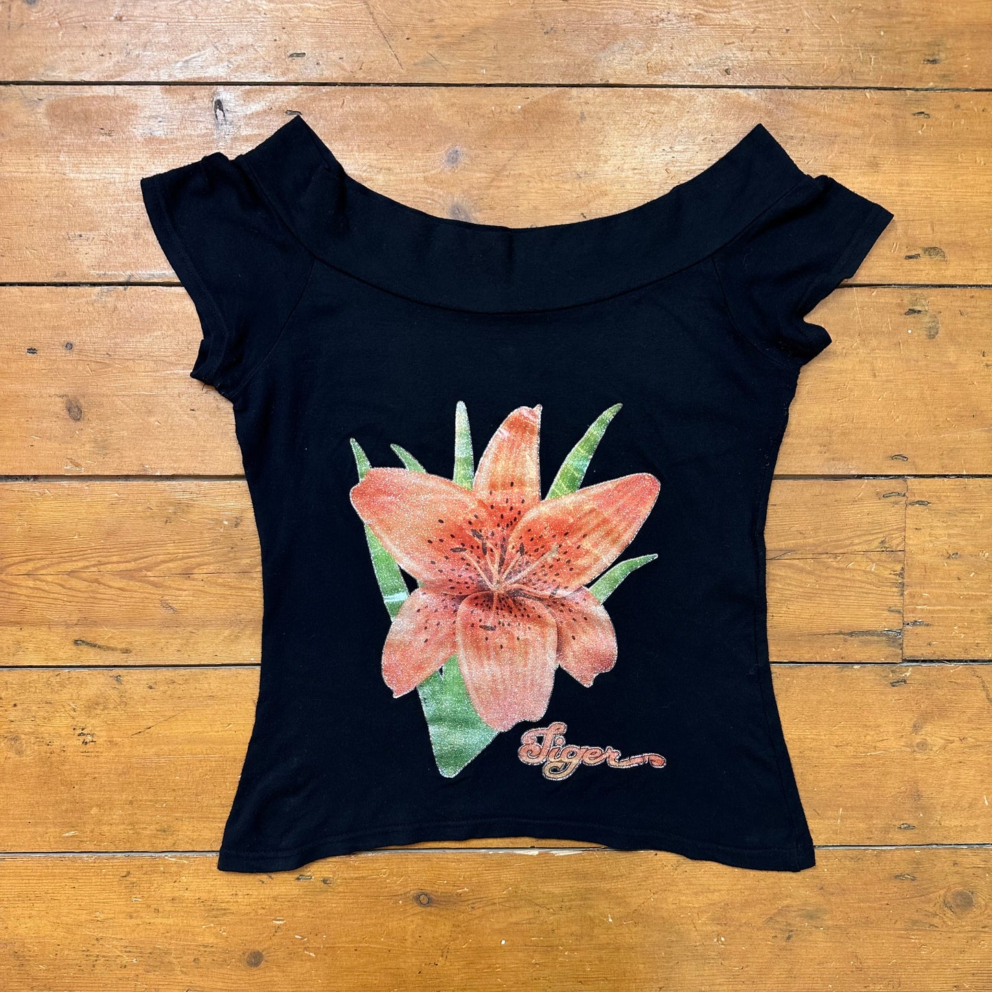 vintage 00s black flower off shoulder top