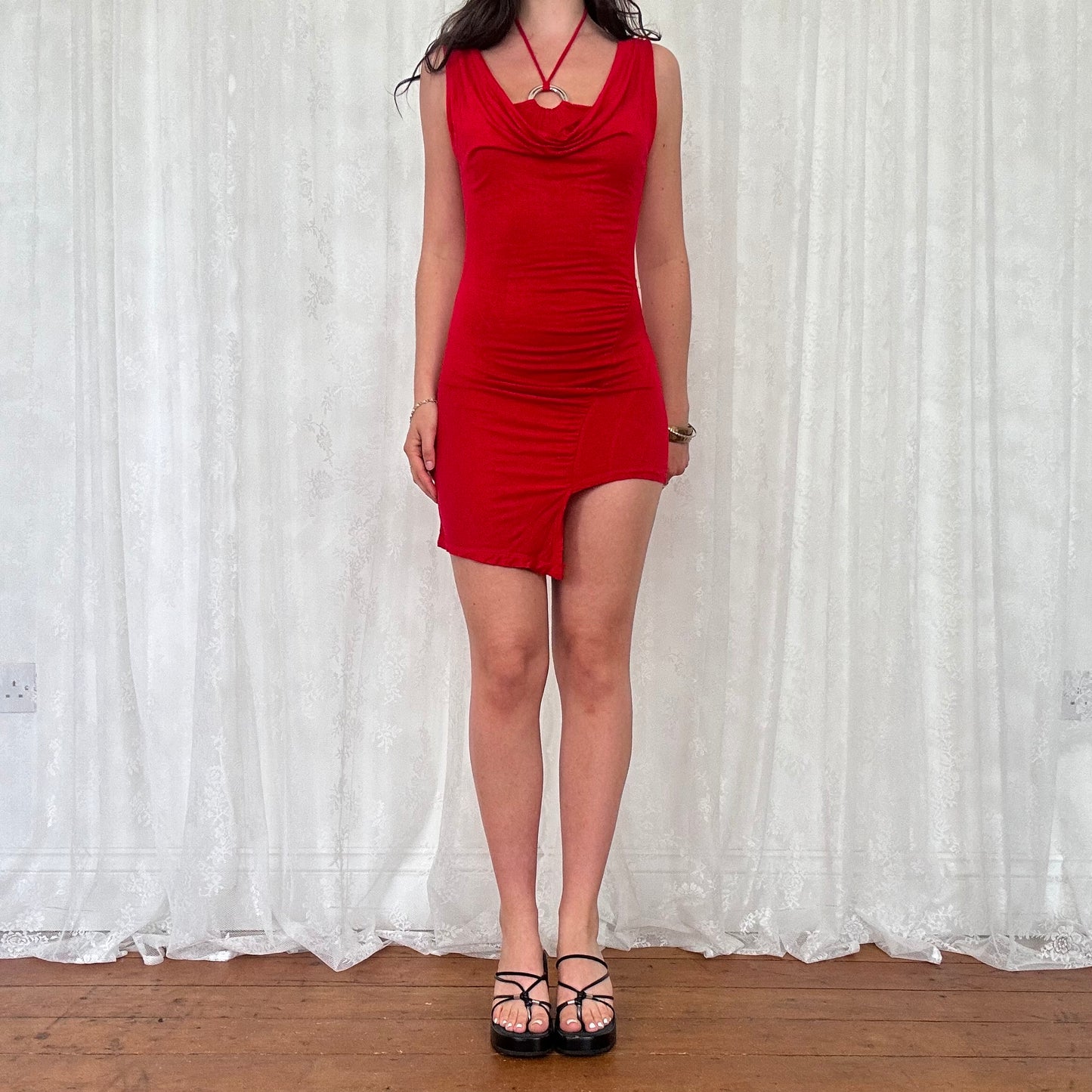 vintage 00s red o ring halterneck mini dress