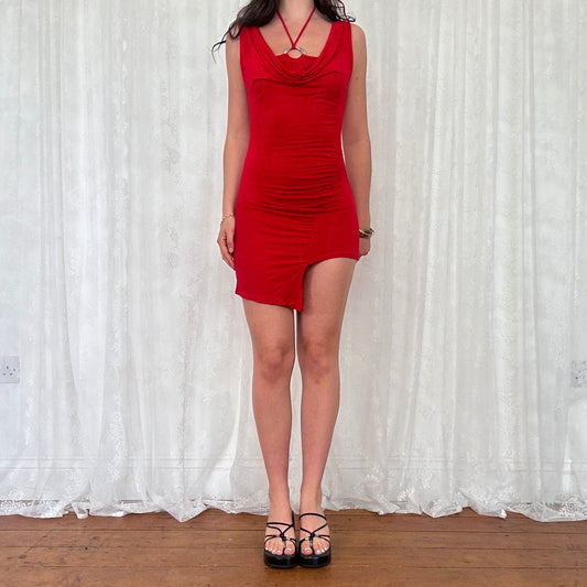 vintage 00s red o ring halterneck mini dress