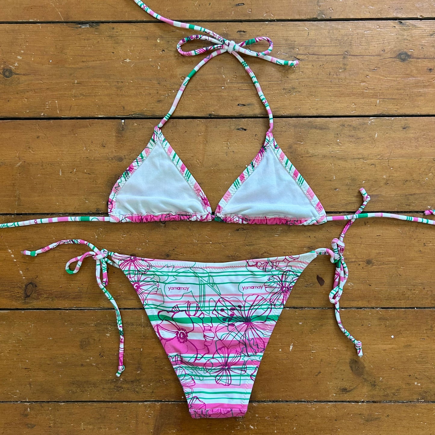 vintage 00s green and pink striped bikini