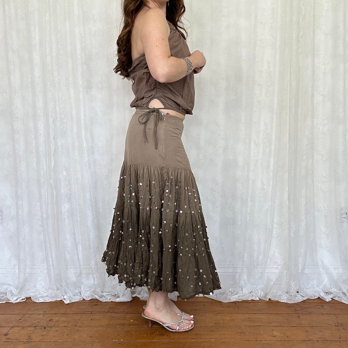vintage 00s brown crochet detail halter top