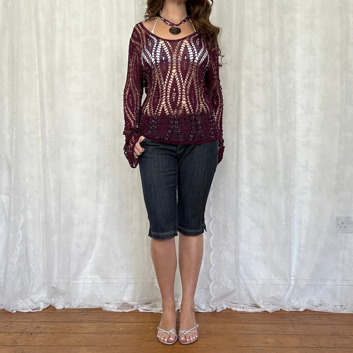 vintage 00s burgundy beaded crochet long sleeve top