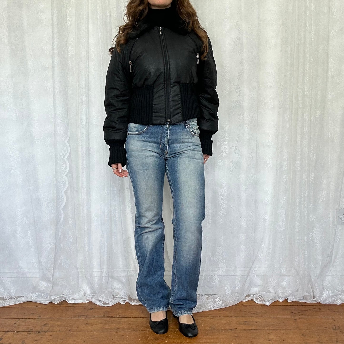 vintage 00s black cinched waist bomber jacket