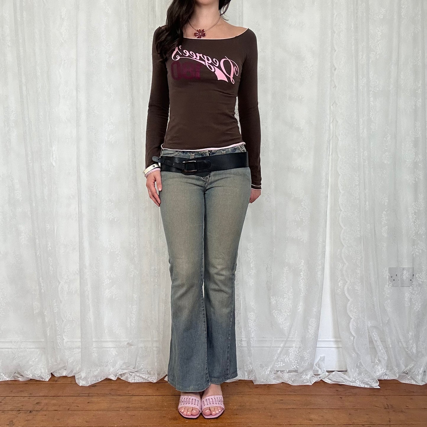 vintage 00s brown and pink off shoulder long sleeve top
