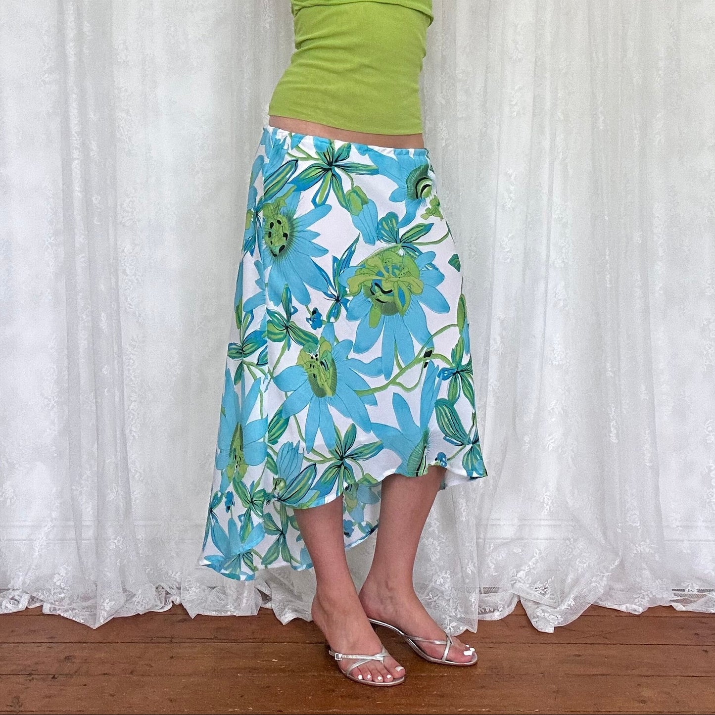 vintage 00s white and blue floral mesh midi skirt