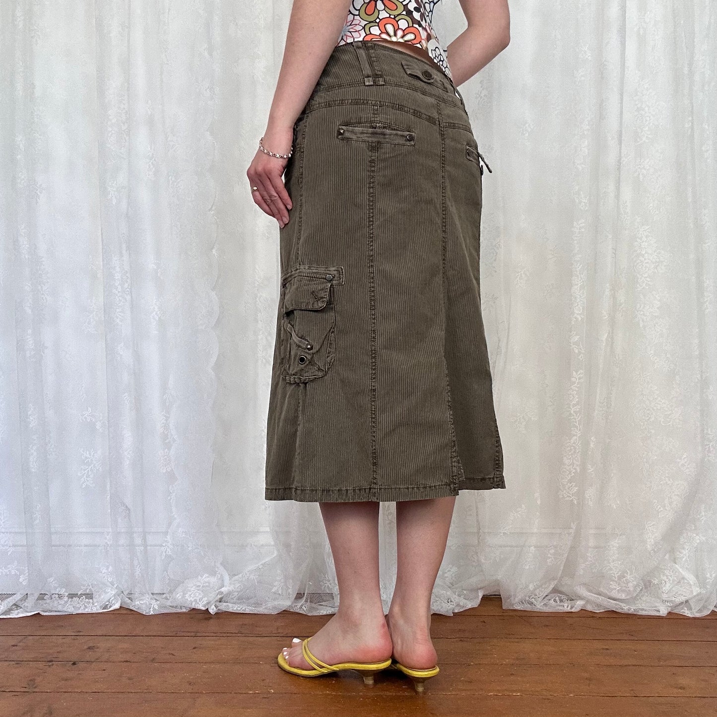 vintage 00s khaki and brown pinstripe cargo midi skirt