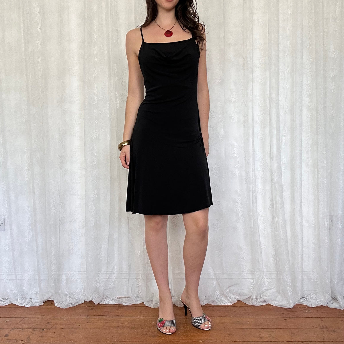 vintage 00s black slinky cowl neck midi dress