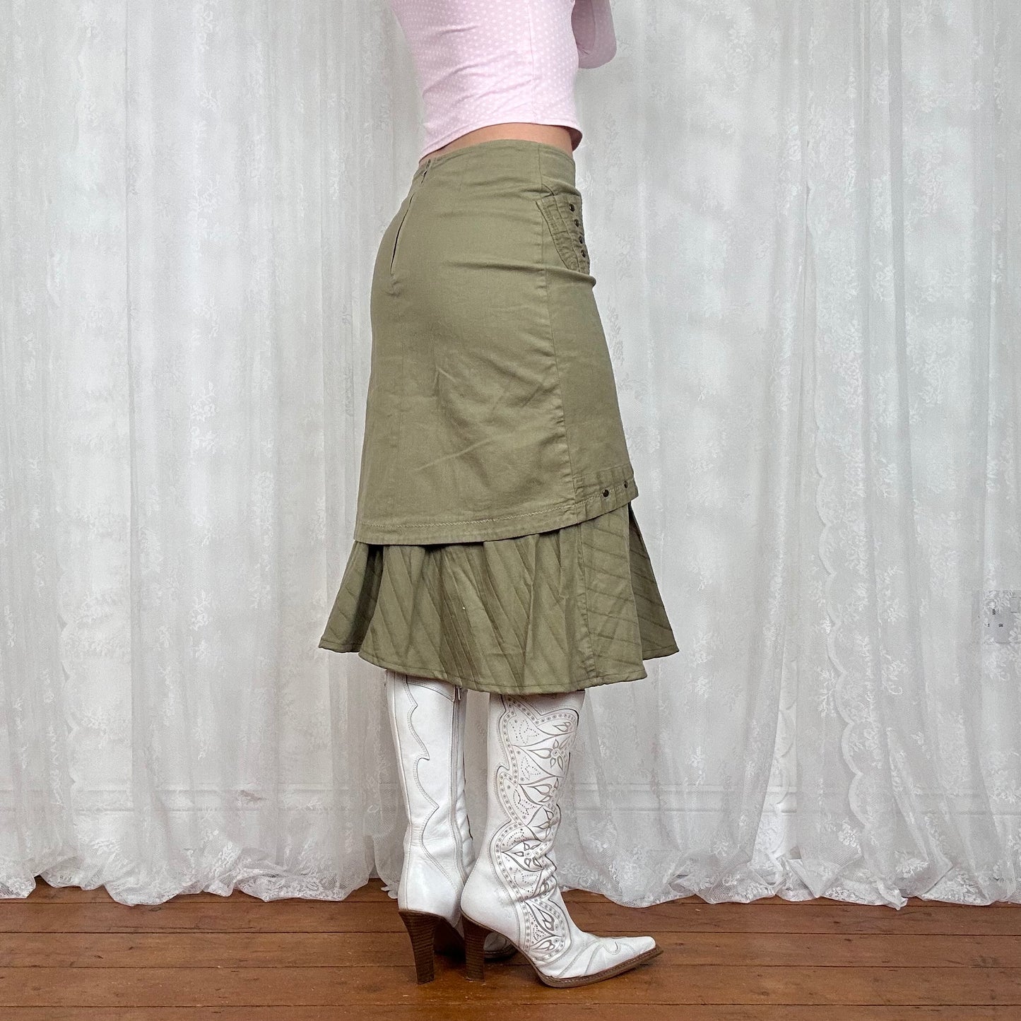 vintage 00s bleached khaki studded midi skirt
