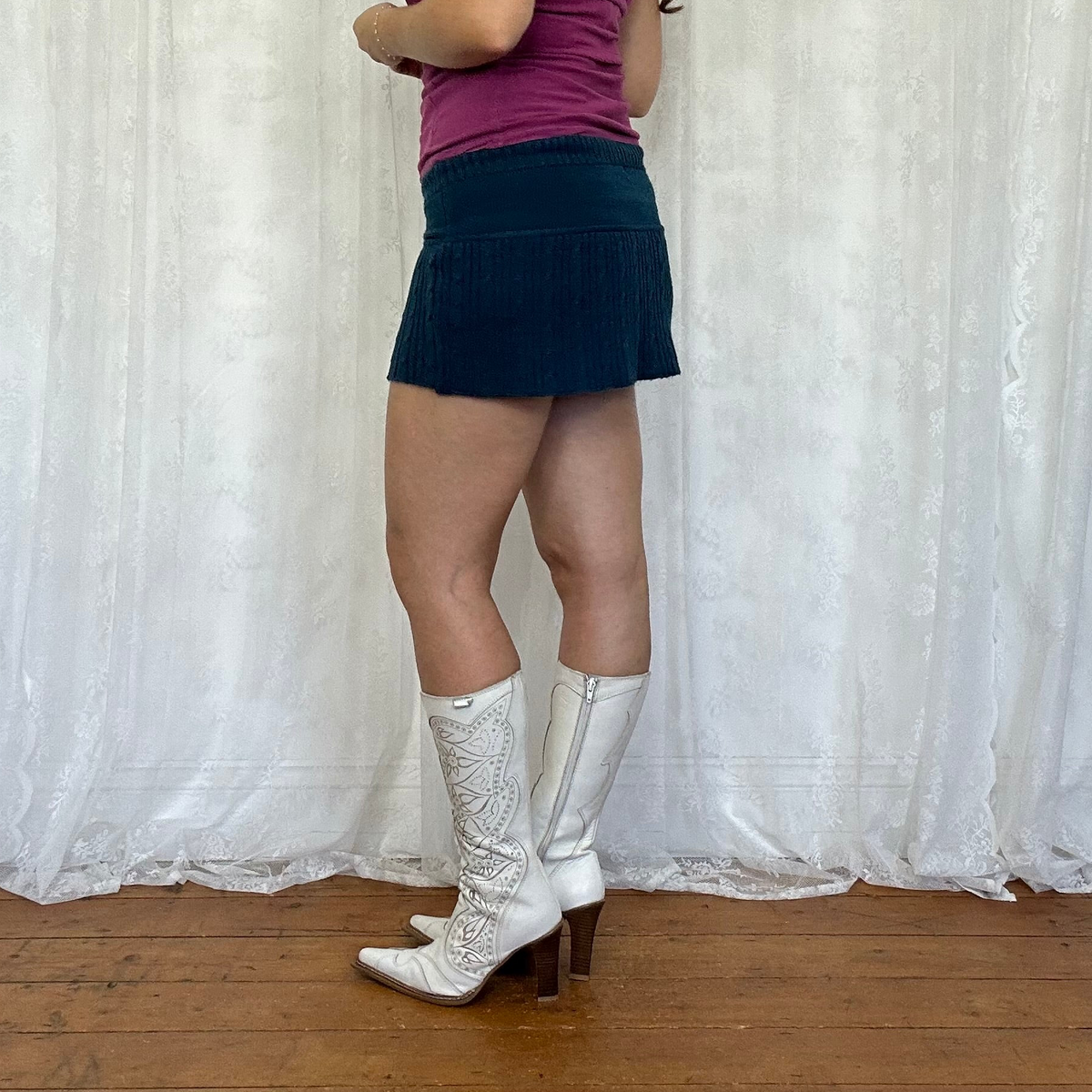 vintage 00s petrol blue knitted micro skirt