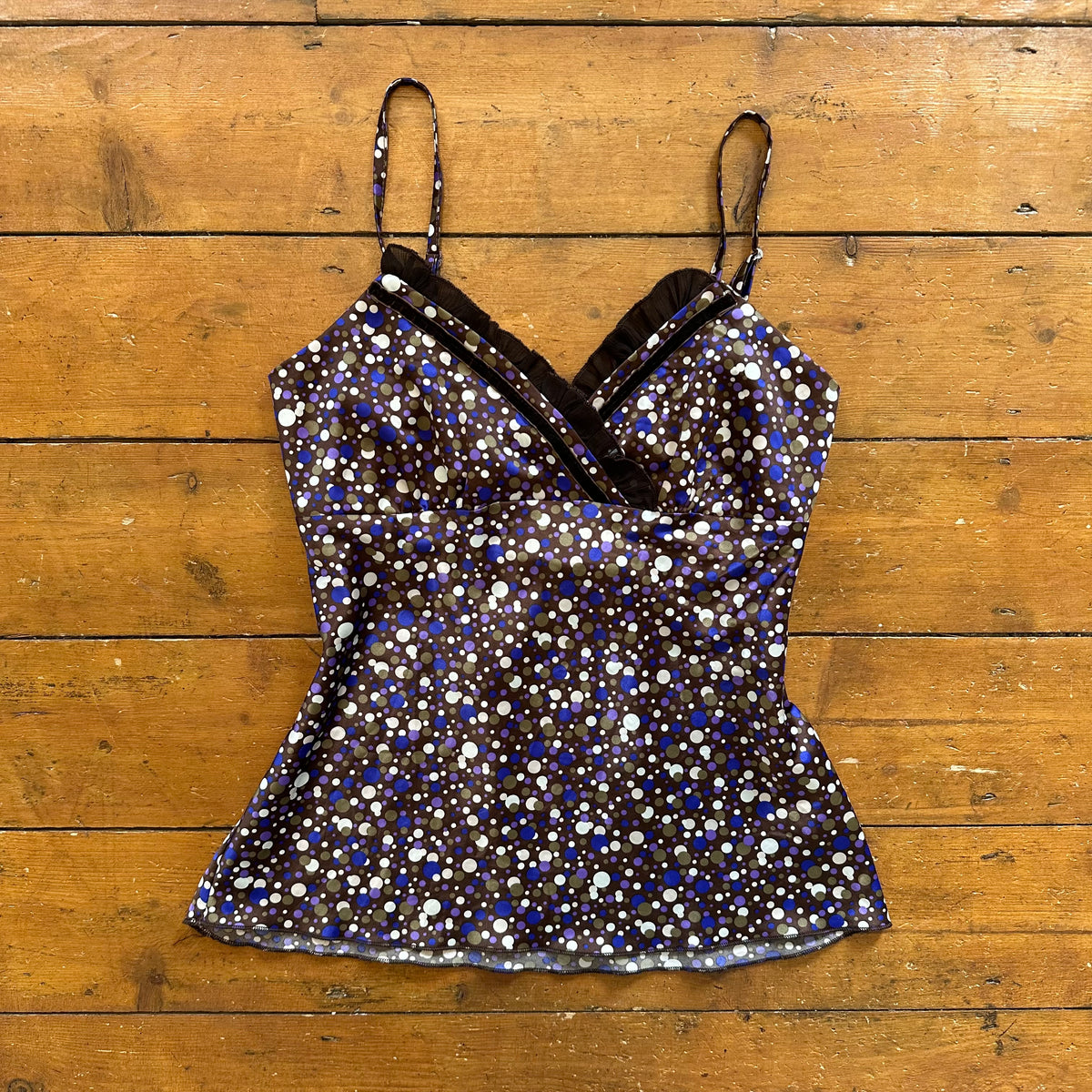 vintage 00s purple and brown polka dot satin cami