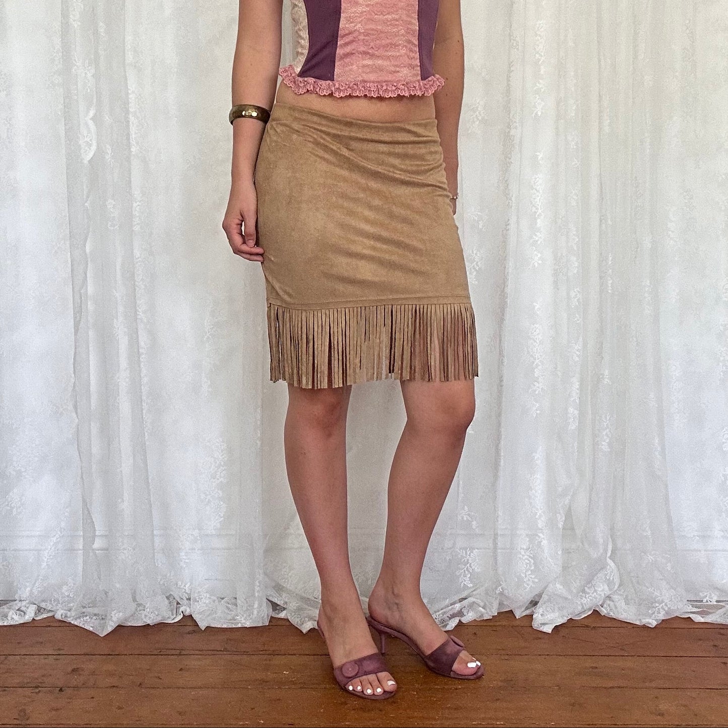 vintage 00s tan faux suede fringe midi skirt