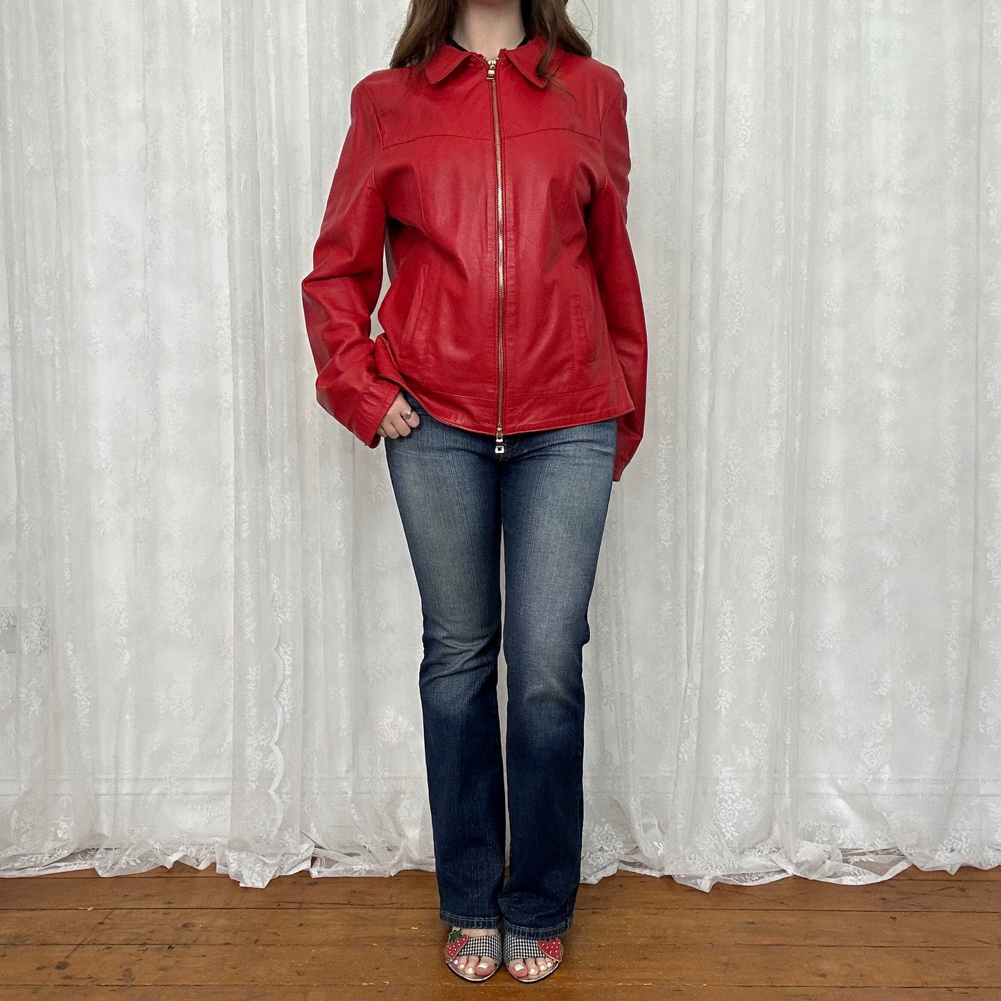 vintage 00s red dual zip leather jacket