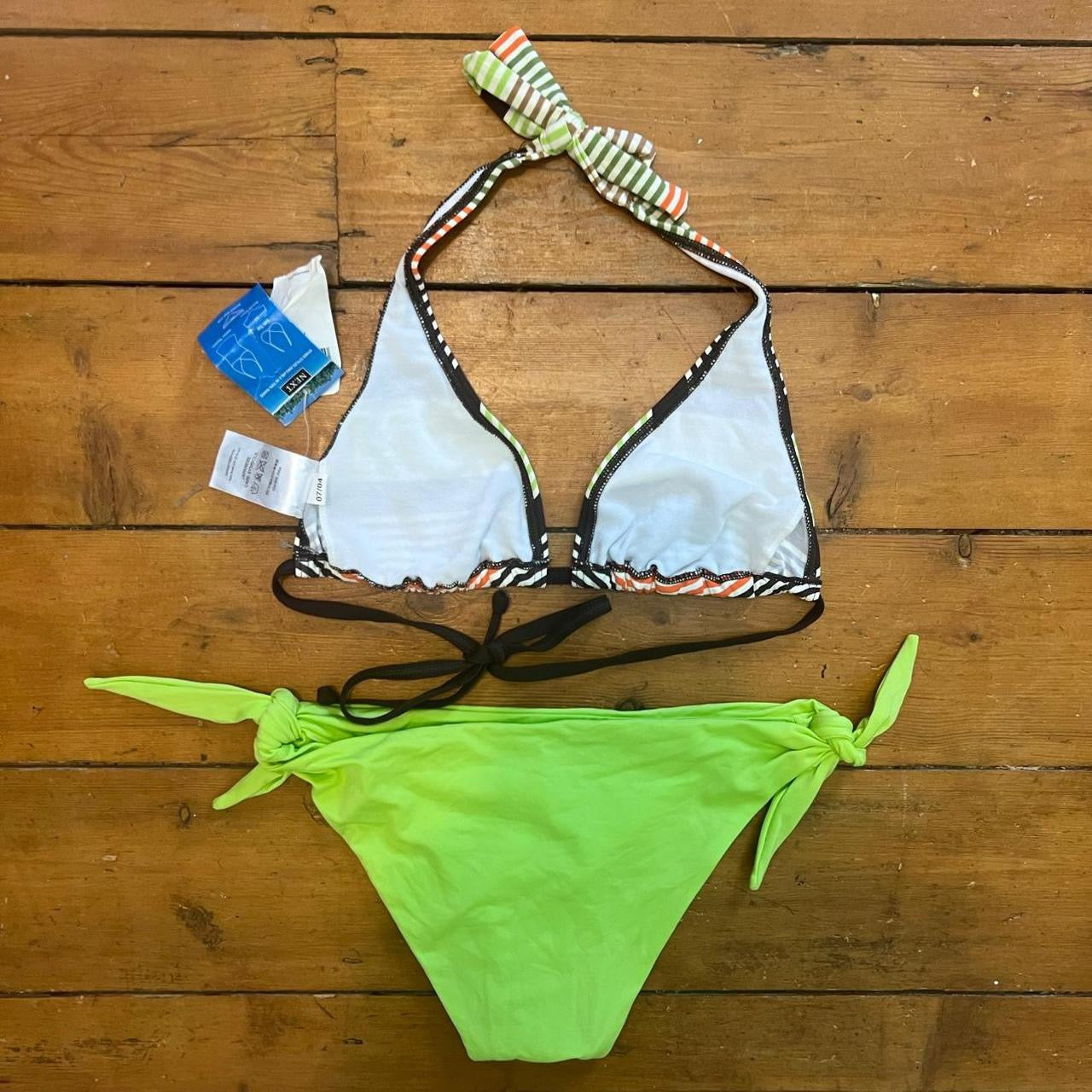 vintage 00s green and brown striped bikini set with sequins