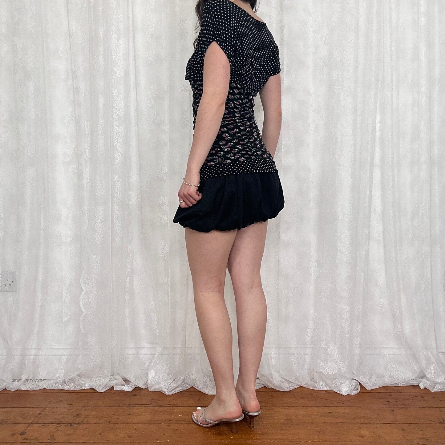 vintage 00s black ruched polka dot and floral top