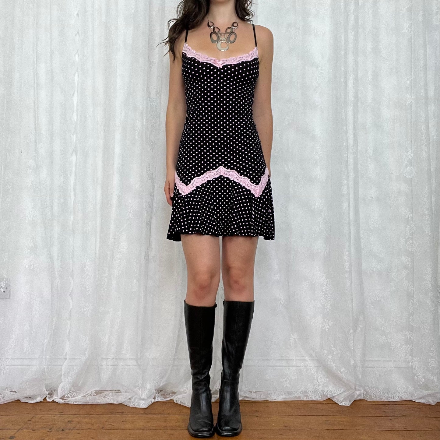 vintage 00s black and baby pink polka dot mini dress