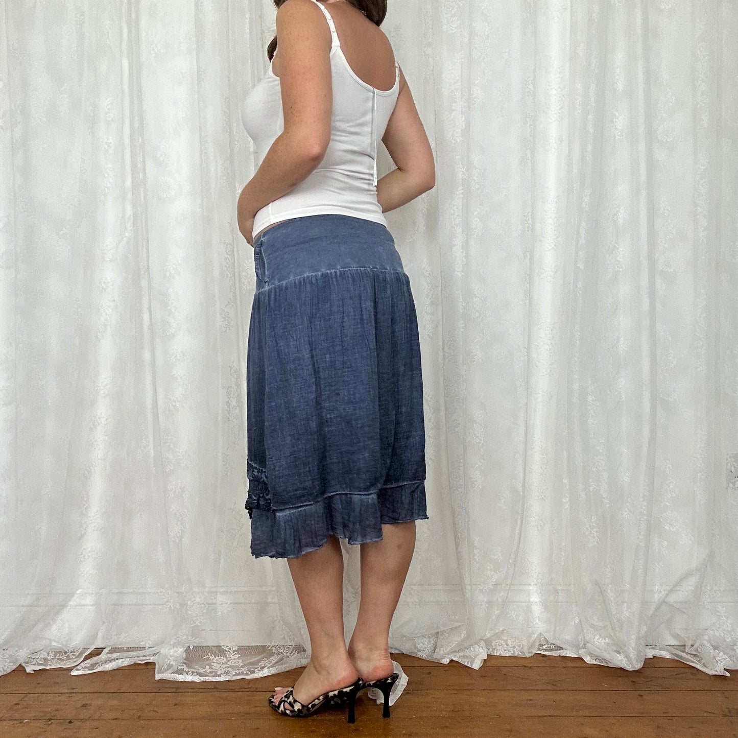 vintage 00s ink blue crochet detail midi skirt