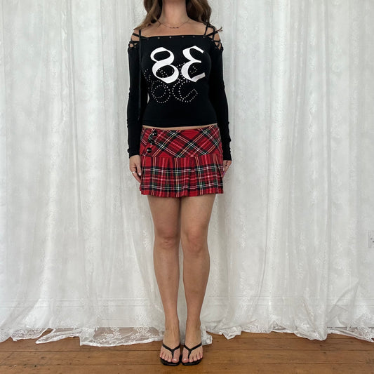 vintage 00s black off shoudler eyelet '38' long sleeve top