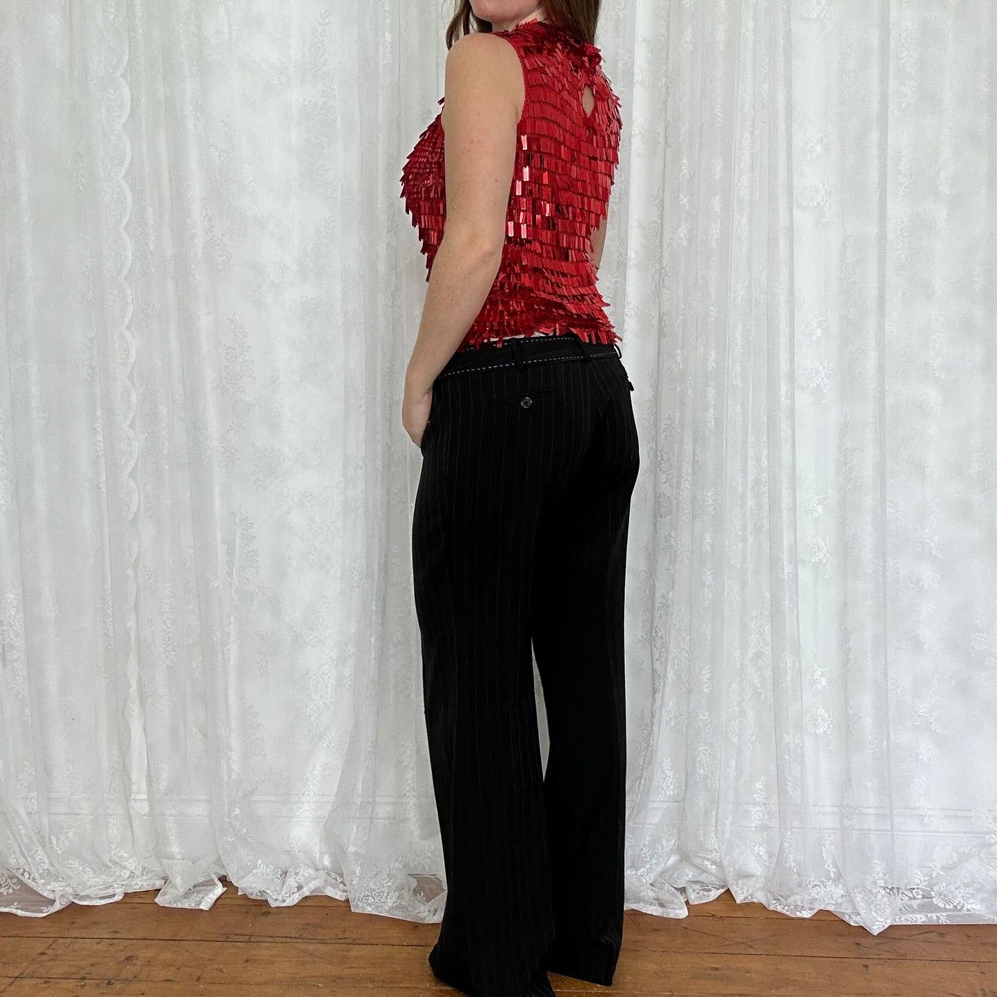 vintage 00s red sequin crochet top