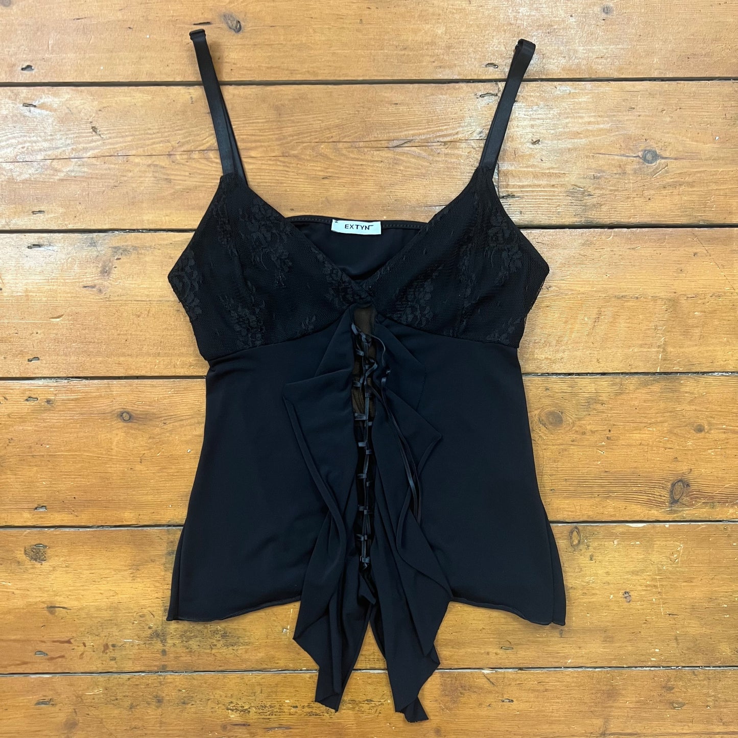 vintage 00s black lacy cami with tie up ruffle detail