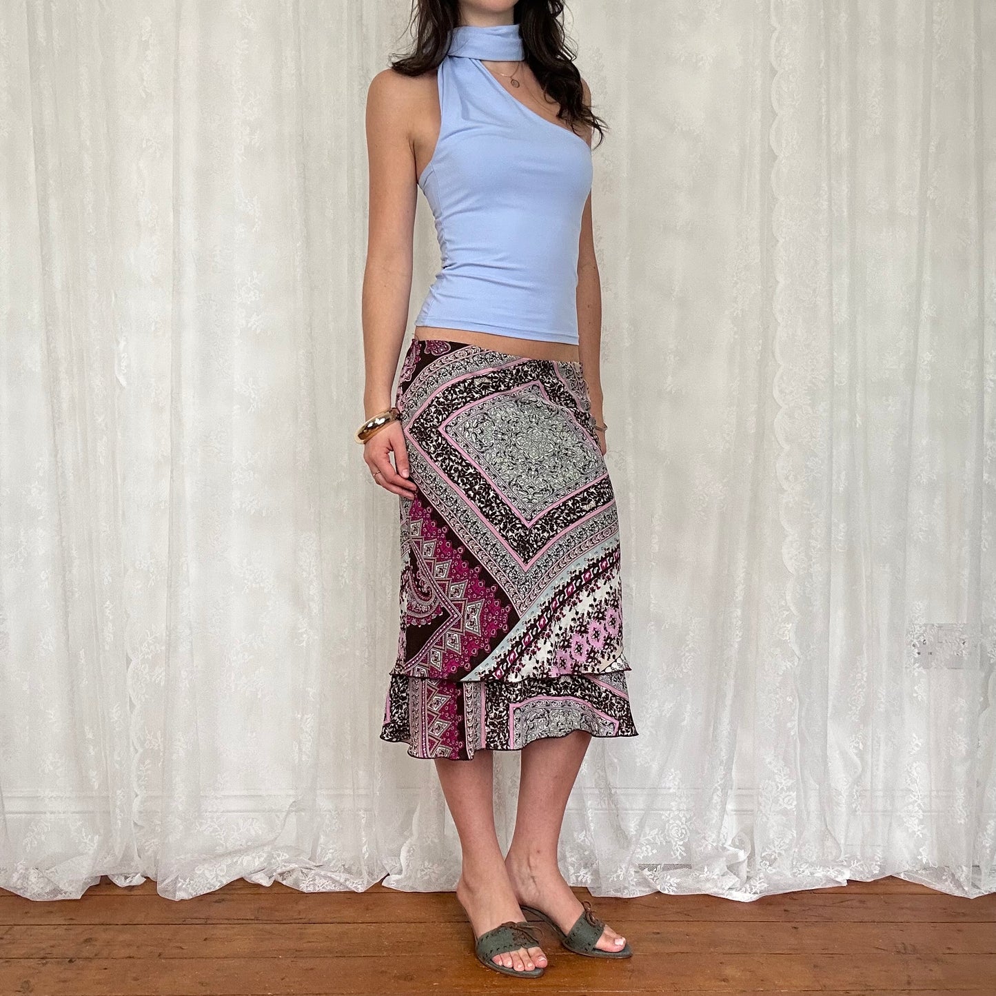 vintage 00s powder blue one shoulder scarf top