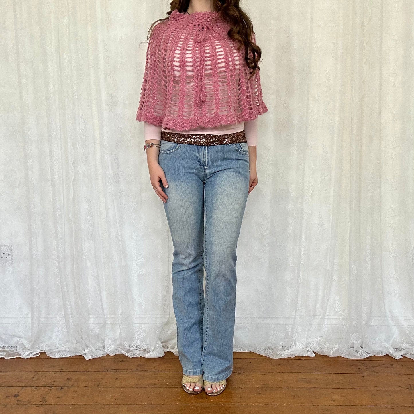 vintage 00s pink crochet poncho