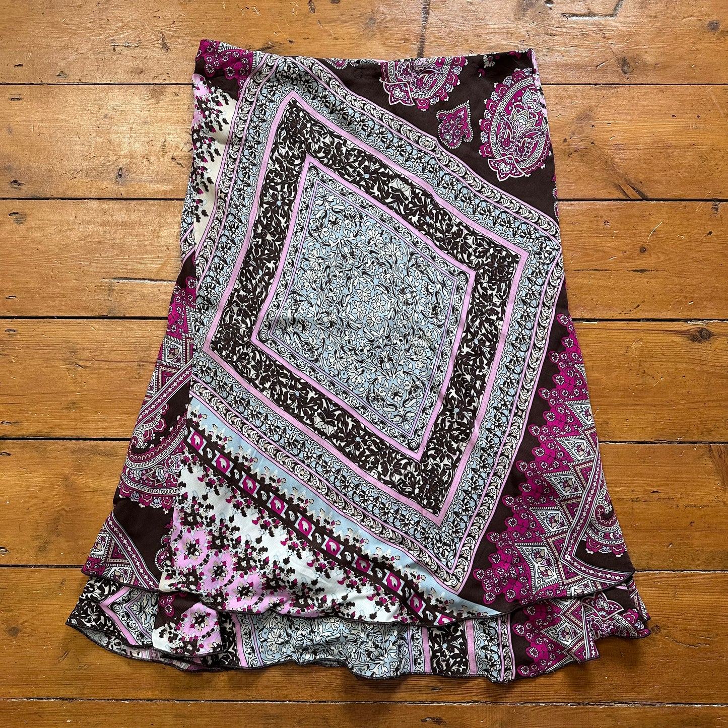 vintage 00s brown and purple paisley print midi skirt
