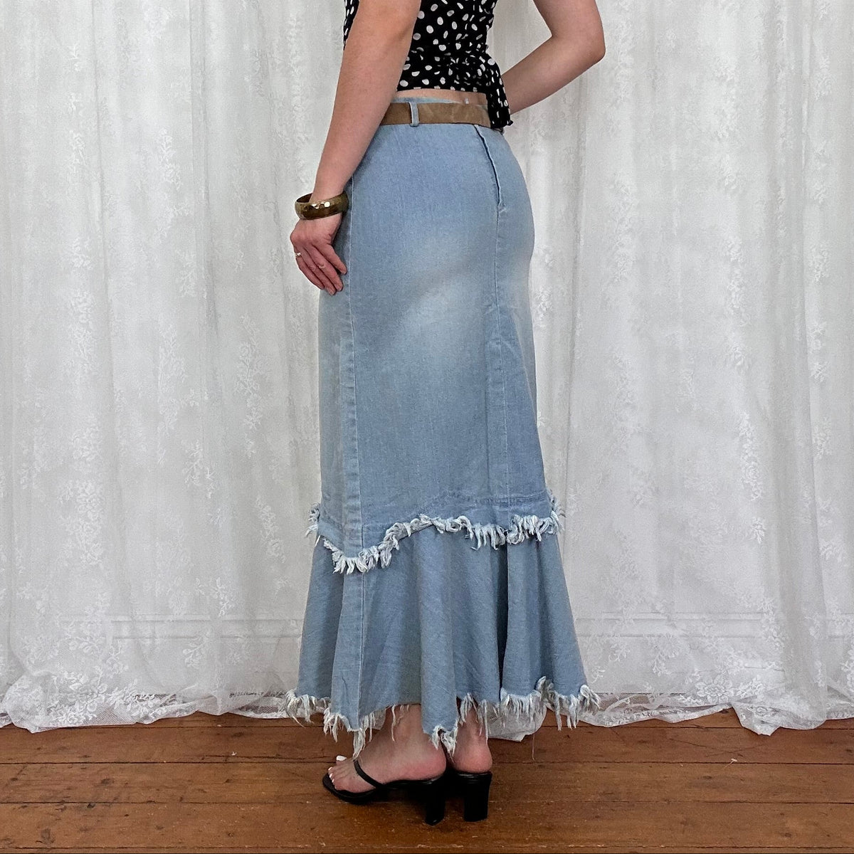 vintage 00s denim fishtail maxi skirt with attached belt
