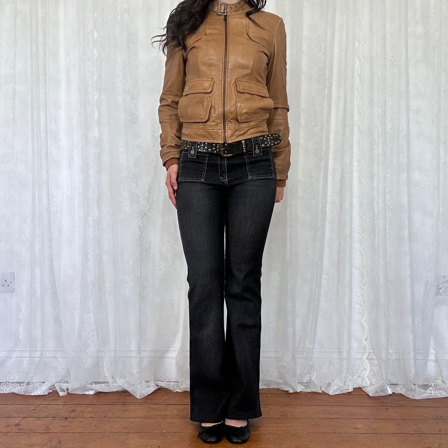 vintage 00s tan leather genuine leather biker jacket