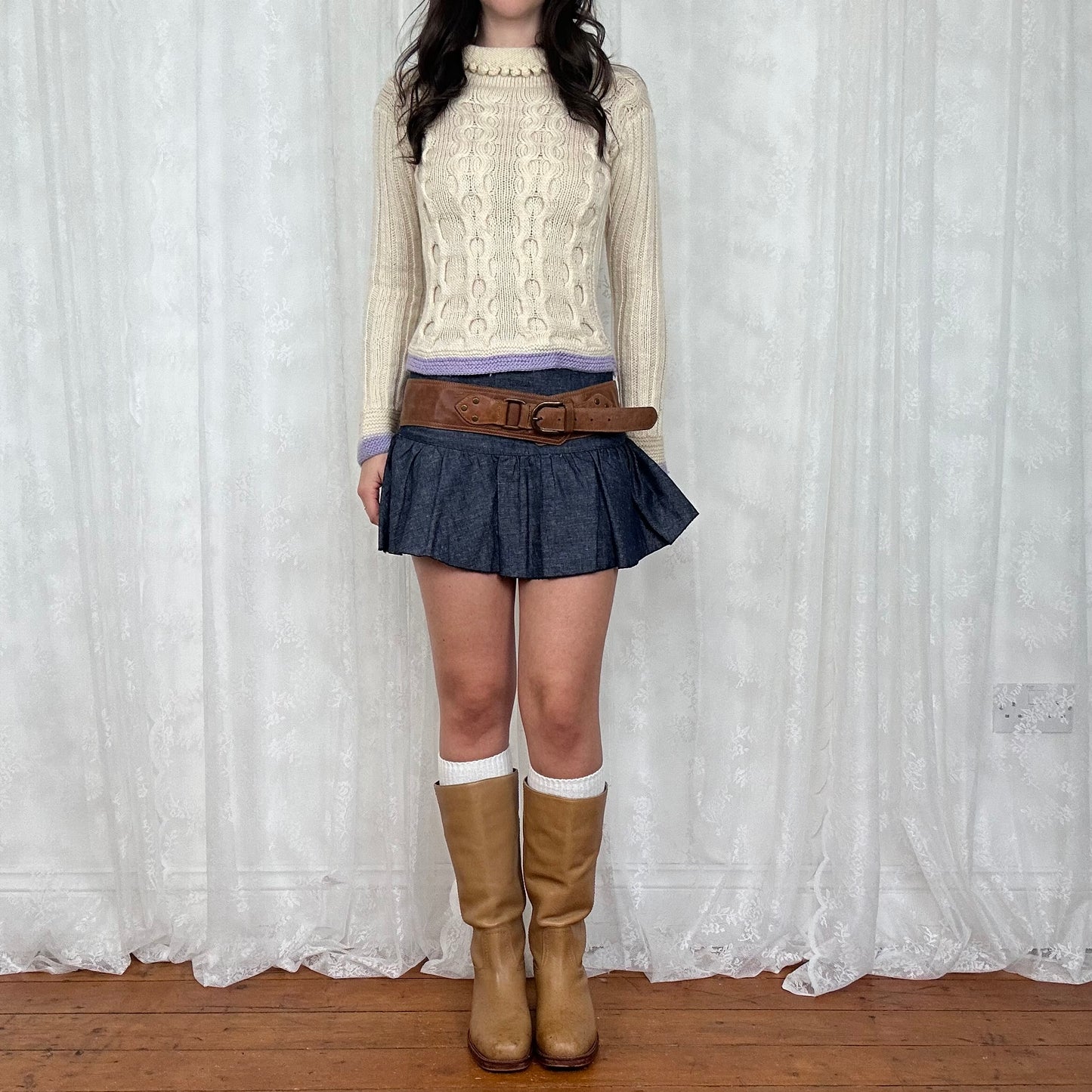 vintage 00s cream roll neck knitted jumper with lilac trim