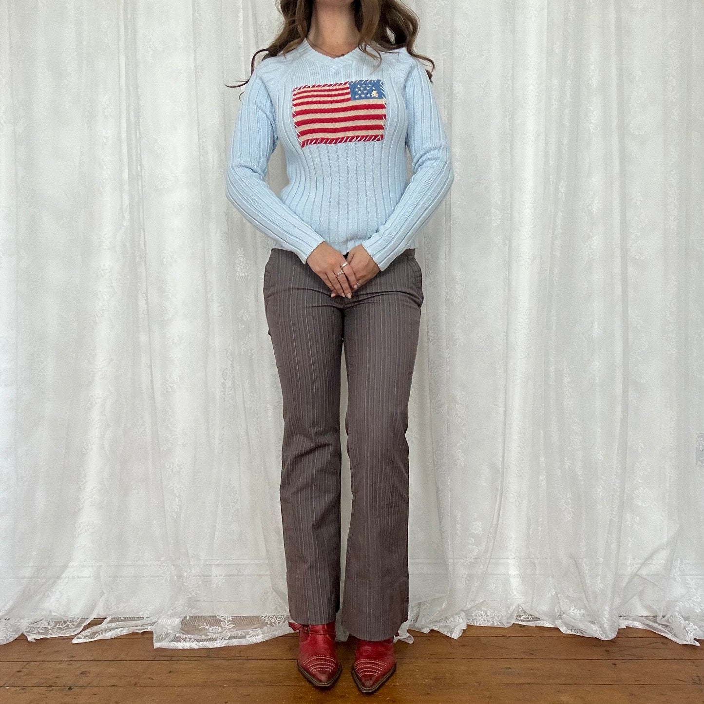 vintage 00s baby blue knitted flag jumper