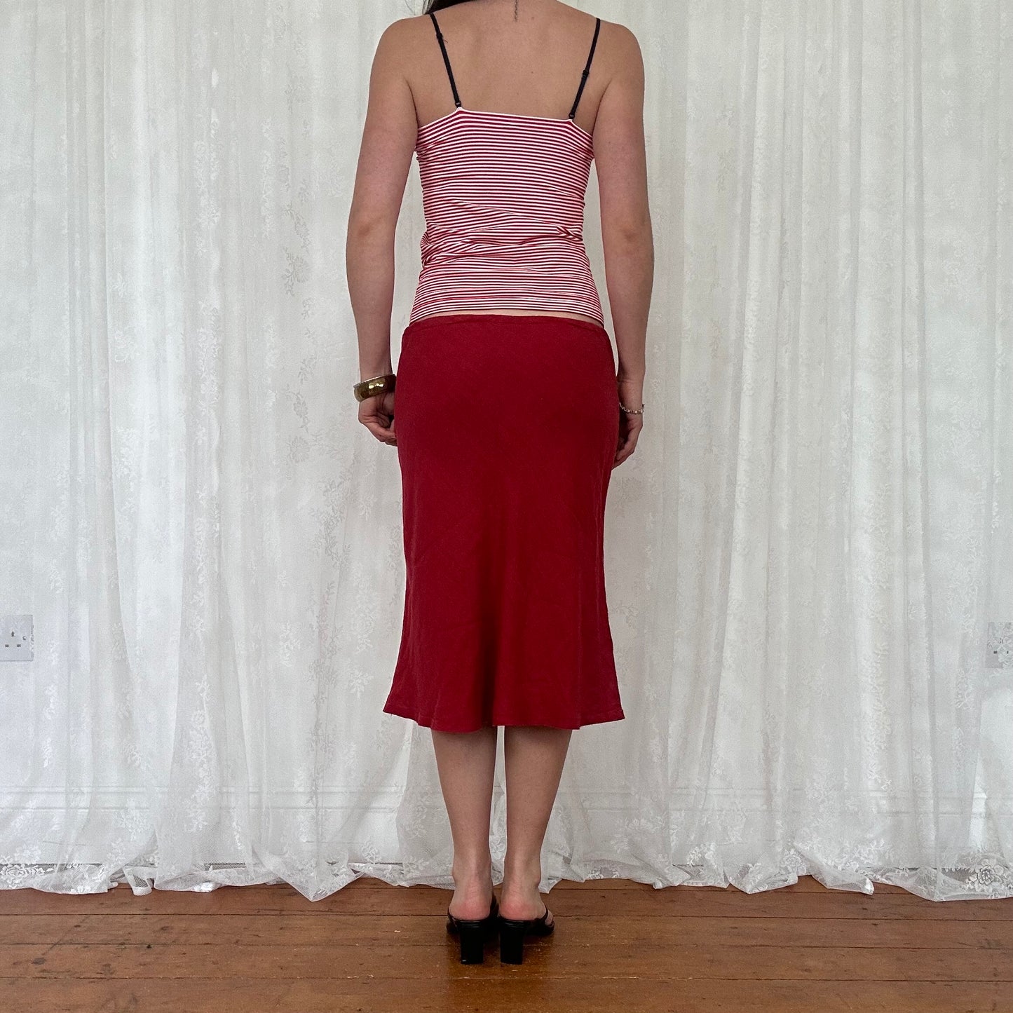 vintage 00s red striped ruffle cami