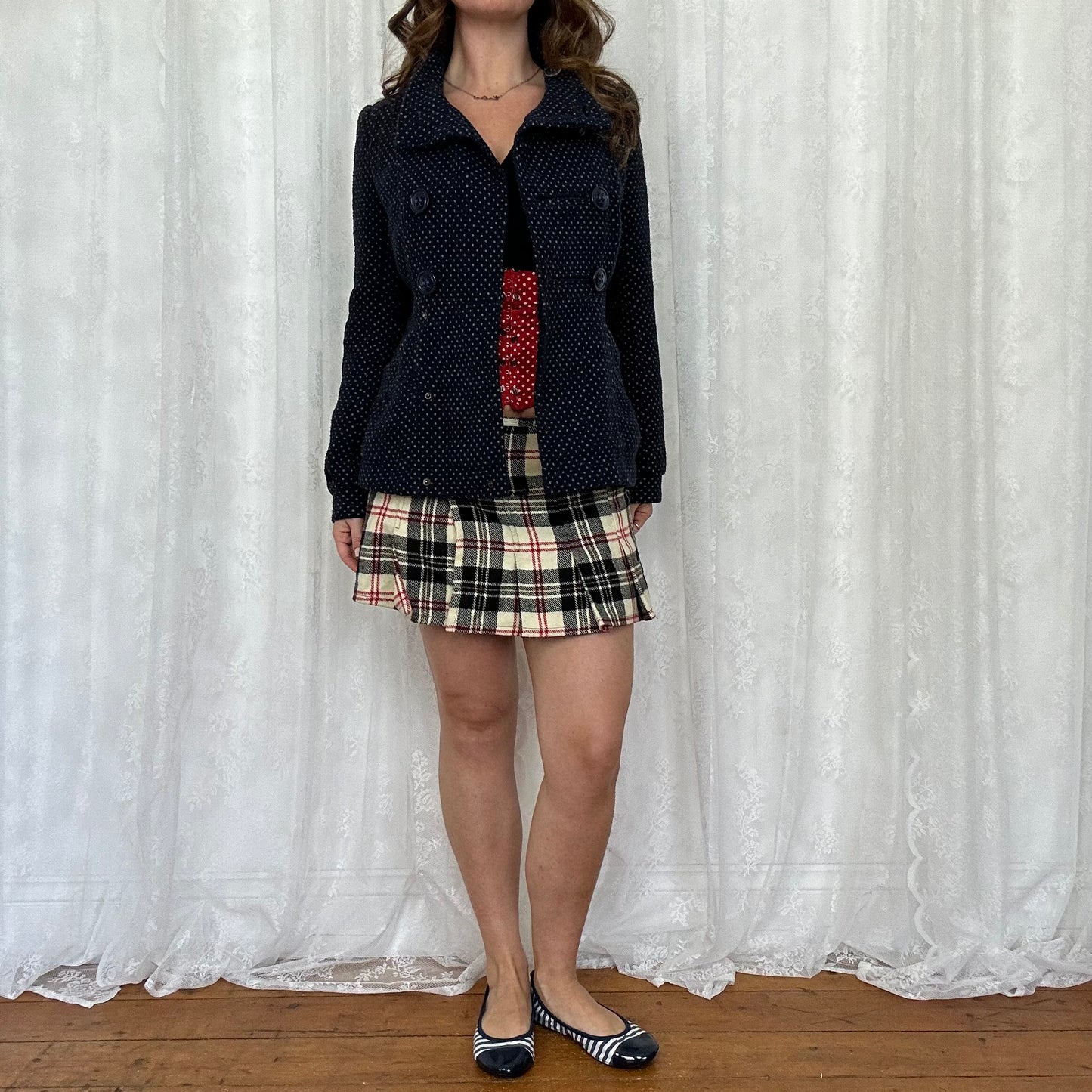 vintage 00s navy polka dot peacoat blazer