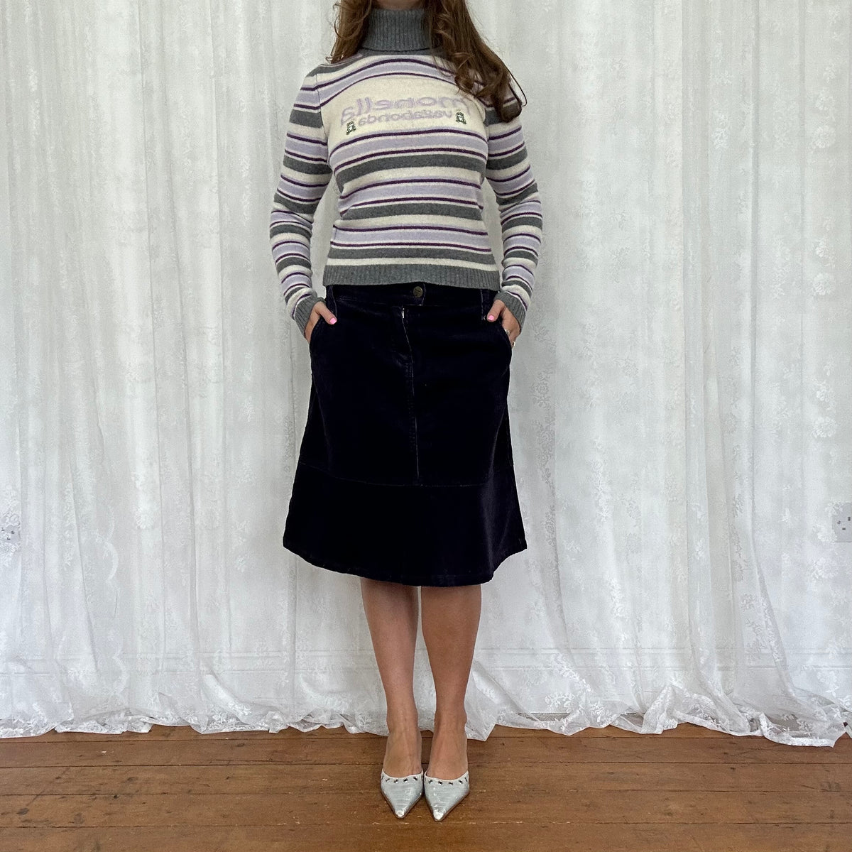 vintage 00s purple and grey striped roll neck jumper