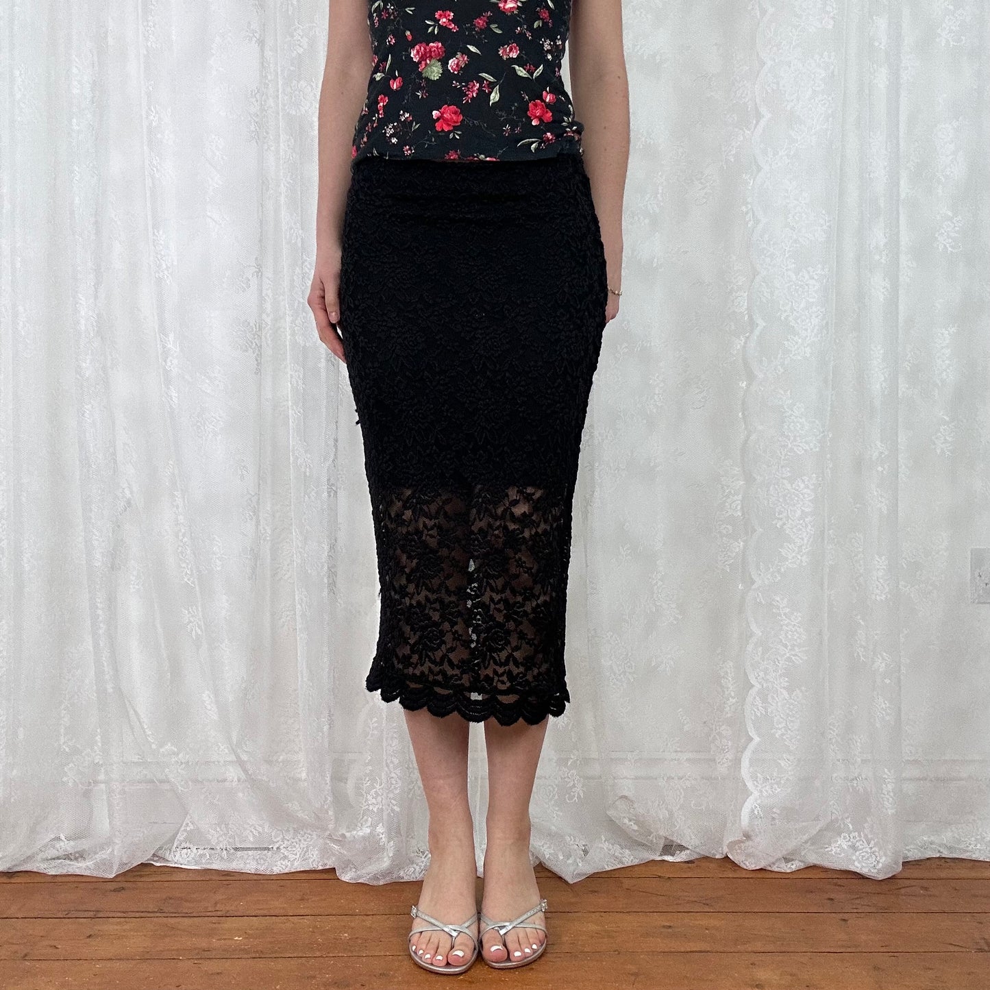 vintage 00s black lace midi skirt