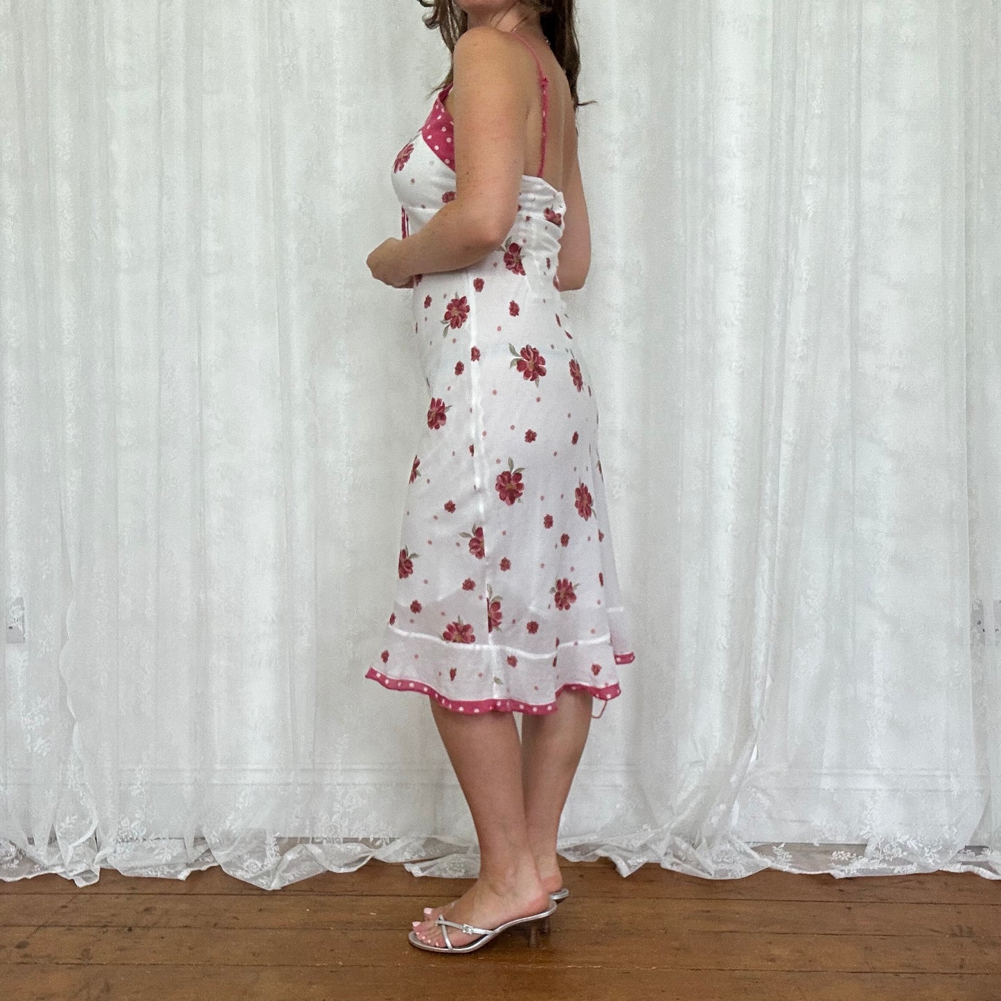vintage 00s floral midi dress with polka dot trim