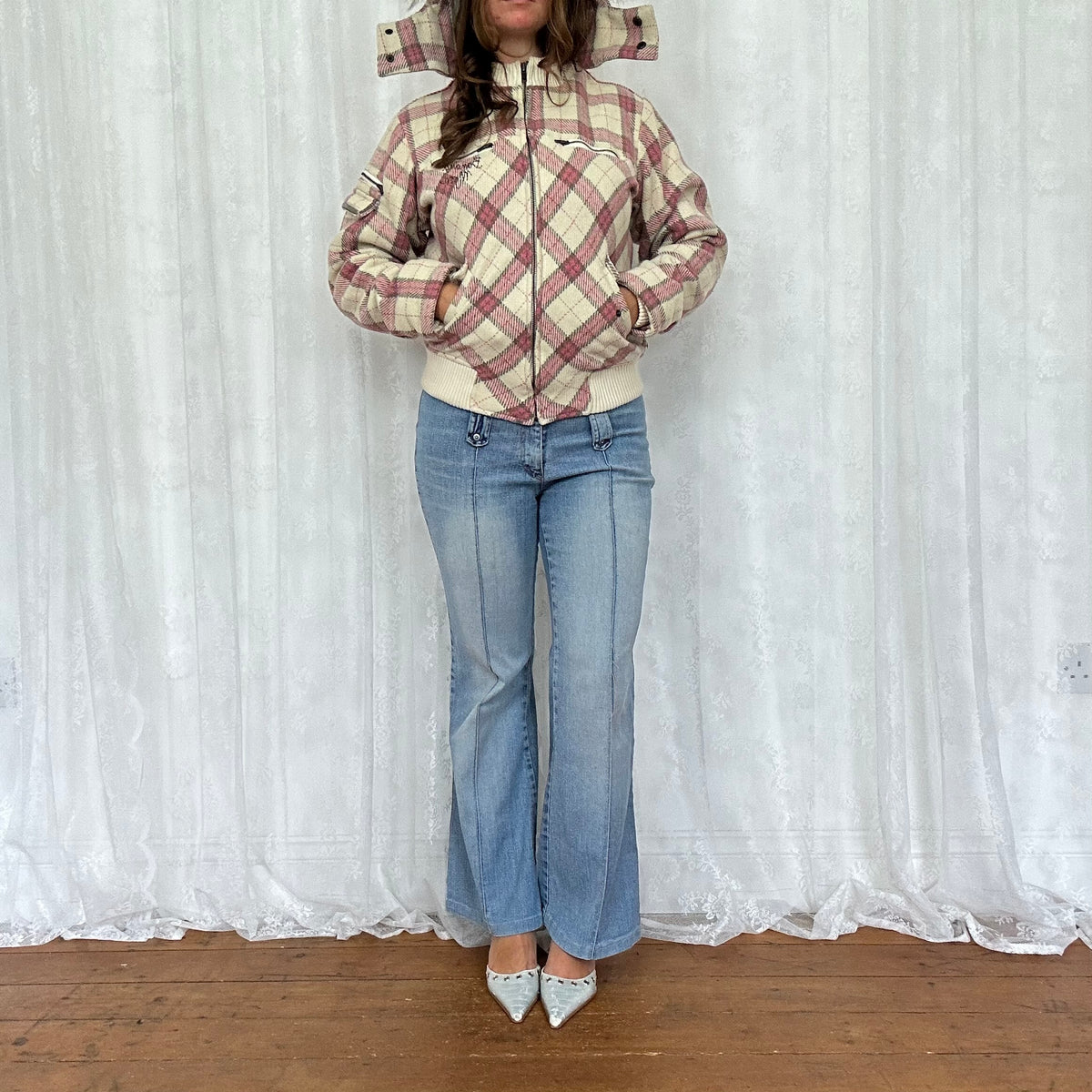 vintage 00s pink and white checkered hooded bomber jacket